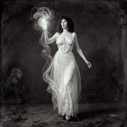dramatic full body portrait daguerreotype photo of a beautiful female spirit medium levitating and emitting paranormal ectoplasm, detailed and creepy, by annie leibovitz, by diane arbus by bruce gilden for spicy mystery stories pulp magazine