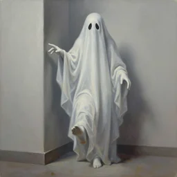 a hyper realistic oil painting of a ghost standing at a corner being caught on the camera the ghost is looking at the camera while rising her foot 3 d