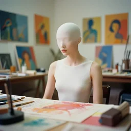 dramatic scene shallow depth of field medium shot uncanny surreal photograph of a colorful intimate art studio in 1 9 9 5 titled'call me a tomboy ', photographed by william eggleston and ken price and man ray, grainy shocking detail trending on artstation 8 k