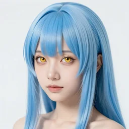 rimuru with sky blue straight hair, bangs, amber eyes, gold eyes, wearing a black studded jacket, high collar, ultra detailed, concept art, mean look, award winning photography, digital painting, cinematic, by wlop, anime key visual, closeup, pixiv, 8 k, yoshitaka amano, ilya kuvshinov,