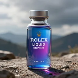 concept art of a rolex liquid dietary supplement in a transparent bottle filled with blue magenta iridescent liquid, by aenaluck, artgerm and roberto ferri and greg rutkowski, black and white tones, white background, digital painting, artstation, concept art, smooth, sharp foccus ilustration hq