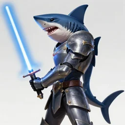 side portrait of a humanoid shark in armor holding a lightsaber, anime, hyper - realistic, detailed, ghibli, ruan jia, wlop, fantasy, scifi, magic the gathering