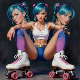 gorgeous!! hyper - realistic giant woman resembling bulma + felicia from darkstalkers on roller skates | drawn by artgerm, drawn by wlop, drawn by jeehyung lee | intricate, high detail, ultra graphics, photorealistic, symmetrical, cinematic, smooth, sharp focus, character design, expressive