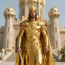 highly detailed portrait of agharta ´ s king brightening on gold majestic in the entrance castle kingdom of agharta, land of advanced races, giant, hollow earth infographic, hiperrealistc, global illumination, radiant light, detailed and intricate environment, trending on artstation, art by oleg oprisco, 8 k