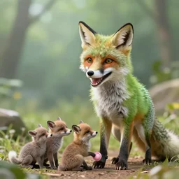 A fanatsy world photo of a smiling green fox giving birth to three youngsters, 4k