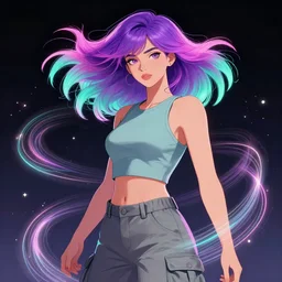 a award winning half body portrait of a beautiful woman in a croptop and cargo pants with ombre purple pink teal hairstyle with head in motion and hair flying, surrounded by whirling illuminated lines, outrun, vaporware, shaded flat illustration, digital art, trending on artstation, highly detailed, fine detail, intricate