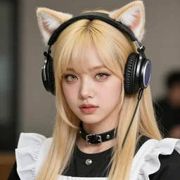 realistic beautiful gorgeous natural cute Blackpink Lalisa Manoban blonde hair cute fur blonde cat ears wearing headphones wearing black leather choker in maid dress outfit golden eyes artwork drawn full HD 4K highest quality in artstyle by professional artists WLOP, Taejune Kim, Guweiz, ArtGerm on Artstation Pixiv