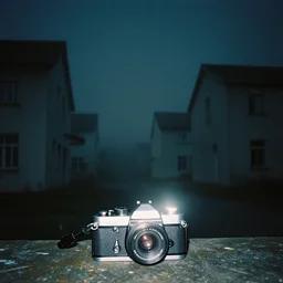 taken using a film camera with 3 5 mm color film, bright camera flash enabled, brutalist houses at night, slightly foggy, creepy, liminal space