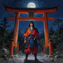 a beautiful realistic painting of a godlike samurai in front of a Torii gate at night, starry sky, full moon, mysterious atmosphere, vibrant colors, ayahuasca, fantasy art style