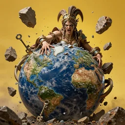 hyperrealist highly detailed neo-baroque god as an angry amazon woman crushing earth into pieces concept art pascal blanche key sage dramatic yellow lighting 8k wide angle shallow depth of field