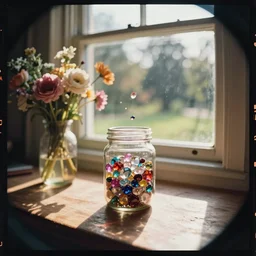kodak portra 4 0 0, wetplate, extreme fish eye, muted colours, golden summer, still life portrait by britt marling of a single jar filled with sparkling jewels, floating dust, near a sunlit window in a room, warm bright sunlight, flower vase, colourful godrays shinging through the window, haze, a english park outside, no people