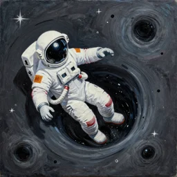 A psicodelic astronaut getting sucked by a black hole, oil painting and black marker, masterpiece