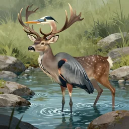 hybrid of a great blue heron and a deer wading in a rocky river, monster with a heron head and a deer body. fantasy monster concept art, digital art, trending on artstation