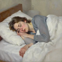 lady with brown hair can't sleep because husband in is snoring in bed, expressive oil painting