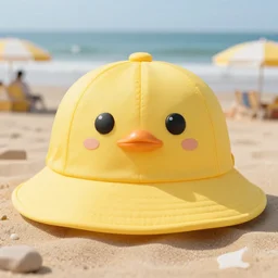 an add campain for a yellow freezbee in the shape of a hat, taking place on the beach, closeup shot with depth of field, high quality promotional picture