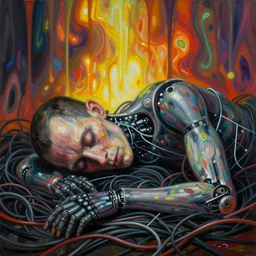 cyborg sleeps in a pile of wires, white lines indicate parameters, blurred, grotesque, doomed, acrylic paint, high resolution, gouache on canvas, ultra detailed, vibrant colors, grotesque, wrapped thermal background, slimey, art by francis bacon, beksinski painting