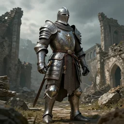 a giant medieval warrior in ultra detailed ornamental armor standing in the ruins of an old town with moody and cinematic lighting, photoreal, concept art, artstation, trending on artstation