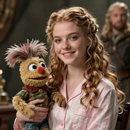 detailed ultrarealistic photography medium shot of fantasy young queen in pajama and furry muppet puppet leyendecker, norman rockwell, greg rutkowski, artstation cinematic, vray game of thrones, lord of the rings