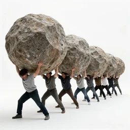 line-up of many sisyphus pushing huge boulders through an empty space, white background, performance photography