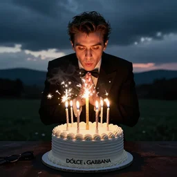dolce & gabbana campaign featuring artist ben schumacher blowing out all the candles on the birthday cake, sparklers, realistic vfx simulation