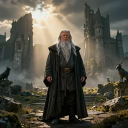 a beautiful wide shot of donald trump being gandalf, the panorama of middle earth in the background, intricate detail, god rays, photography, volumetric light, cinematic, 8 k
