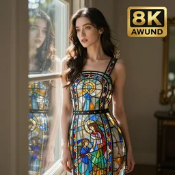 beautiful woman wearing stained glass dress, highly detailed, ray of light, translucent, reflection, 35mm lens, award winning, 8K