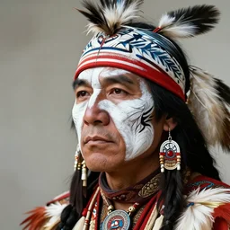 A Native American warrior, war paint, realistic, sharp focus, 8k high definition, insanely detailed, intricate, elegant, art by Guy Denning
