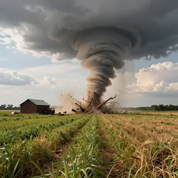 a tornado rips through a farm field, digital art, highly detailed, realistic, bright colors, 8 k