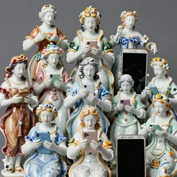 A close up photo of vivid porcelain composition of diverse baroque figurines staring down at their iphones, Tamron SP 90mm F/2.8 Di VC USD Macro