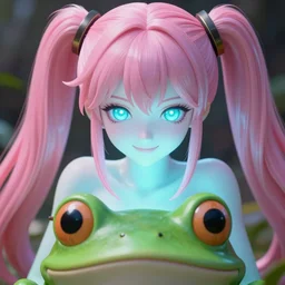 viewed from frog's perspective, stunningly beautiful omnipotent megalomaniacal anime goddess with extremely bright glowing porcelain skin, pink twintail hair and mesmerizing cyan eyes, symmetrical perfect face smiling in a mischievous, devious and haughty way while looking down upon the viewer, mid view, hyperdetailed, 2 d, 8 k