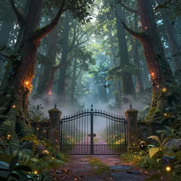 a hq artstation, beautiful digital glossy clear sharp of a detailed mystical fantasy illustration concept art colorful forest trees fireflies nd iron gate road pathway fog by patrick caulfield, 8 k resolution trending on artstation