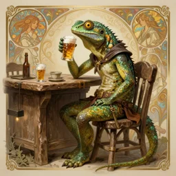 lizardman sitting in a tavern drinking ale d & d fantasy intricate elegant highly detailed digital painting artstation concept art matte sharp focus illustration by artgerm art by greg rutkowski art by alphonse mucha