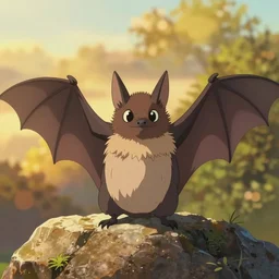 anime art, anime key visual of a fruit bat, sitting wings open on a rock, golden hour sunset lighting, background blur bokeh!!, trending on pixiv fanbox, studio ghibli, extremely high quality artwork