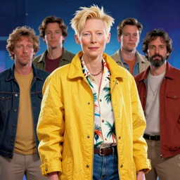 formal portrait of tilda swinton as doc brown from back to the future, wearing yellow coat over hawaiian shirt. digital art by eugene de blaas, ross tran, and nasreddine dinet, vibrant color scheme, intricately detailed, in the style of romanticism, cinematic, lighting background, artstation, greg rutkowski