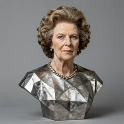 iron welded metal polygon bust of margret thatcher. studio portrait shot.
