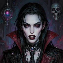 hyper detailed masterpiece, beautiful androginous vampire portrait jean giraud, digital art painting, darkwave goth aesthetic, creepy, psychedelic, artgerm, donato giancola, tom bagshaw