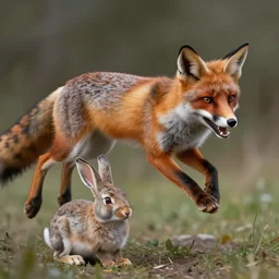 savage fox snarls as it leaps towards a rabbit boy hybrid