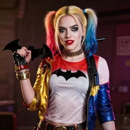 Scarlett Johansson as Harley Quinn, holding bat, digital, artstation