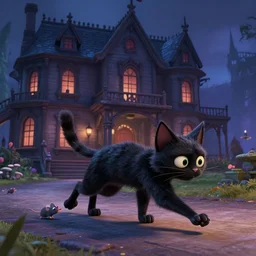 a gothic black Cat living in a gothic manor house from 1800s victorian era from the latest disney pixar film, stopmotion animation, detailed, cgi, greg, ross tran, rendered in unreal engine, chasing mice