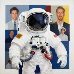 decollage painting an astronaut wearing helmet by adrian ghenie and takato yamamoto and edward hopper and mark ryden and tsutomu nihei, part by bridget riley, acrylic pour and splashing paint, very coherent, baroque elements, perfect anatomy, intricate design. pop art.