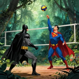 batman and superman are playing volleyball in a jungle, in the style of greg rutkowski and artgerm, high detail