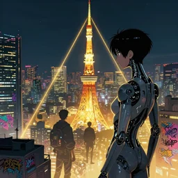 illustration of japanese cyborg looking at beautiful cyberpunk city, future tokyo, golden ratio, cinematic lighting, cinematic composition, ghost in the shell, night, by sachin teng and sergey kolesov and ruan jia and heng z and wlop. graffiti art, scifi, fantasy, hyper detailed. octane render. concept art. trending on artstation