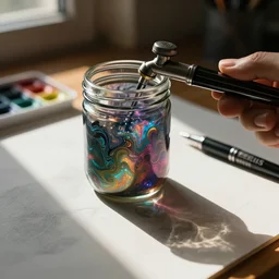 airbrush of technical pen and glass canning jar of swirling ink shimmering on a desk, dramatic afternoon lighting, intense watercolor, heavy metal, tilt shift, photo realistic, by moebius