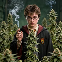 harry potter smoking weed and surrounded by green dense weed kush plants, smoke in front, smoke behind, smoke background, red eyes, smoking weed,, hyper detailed, digital art, trending in artstation, cinematic lighting, studio quality, smooth render, unreal engine 5 rendered, octane rendered,