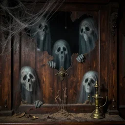 ghostly faces on ever object in haunted mansion, wood panels, cobwebs, dust, old bronze fixtures, artstation