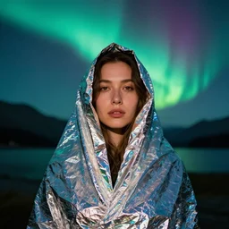 closeup portrait of a woman wrapped in iridescent foil, standing in stewart island in new zealand, aurora australis southern lights in background, color photograph, by vincent desiderio, canon eos c 3 0 0, ƒ 1. 8, 3 5 mm, 8 k, medium - format print