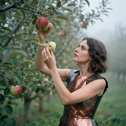 a closeup portrait of a woman wearing a metal plate dress made of iron and copper, picking apples from a tree in an orchard, foggy, moody, photograph, by vincent desiderio, canon eos c 3 0 0, ƒ 1. 8, 3 5 mm, 8 k, medium - format print