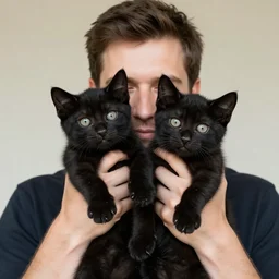 a man holding two black kittens covering his face, realistic 4k