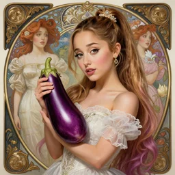 beautiful cottagecore Ariana Grande holding a purple eggplant, intricate, elegant, highly detailed, digital painting, artstation, concept art, smooth, sharp, focus, illustration, art by artgerm and greg rutkowski and alphonse mucha