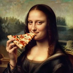 woman biting a pizza | played by ( ( ( ( monna lisa ) ) ) )